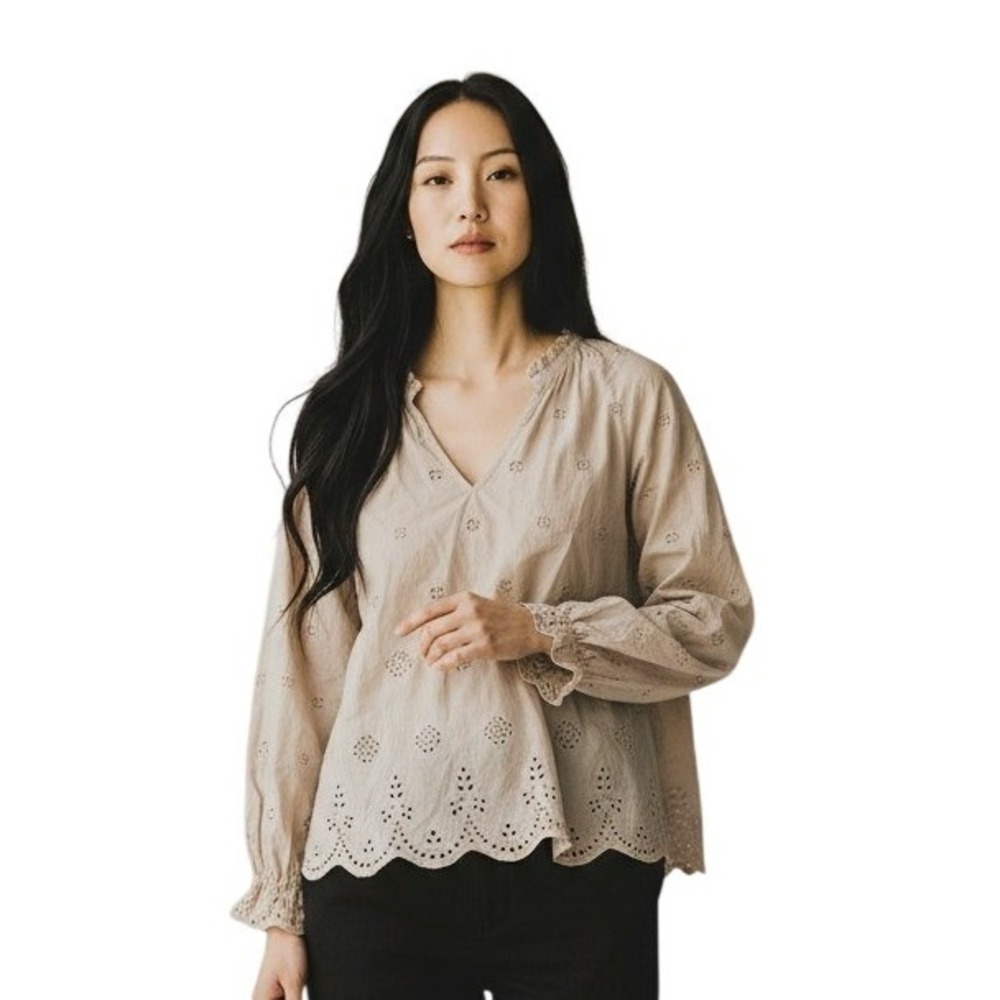Madewell Beige Eyelet Ruffle Neck Blouse Scallop Hem Long Sleeve Top Medium